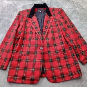 Vintage SAG HARBOR Womens Blazer Jacket Christmas Tartan Plaid Velvet Trim Sz 14